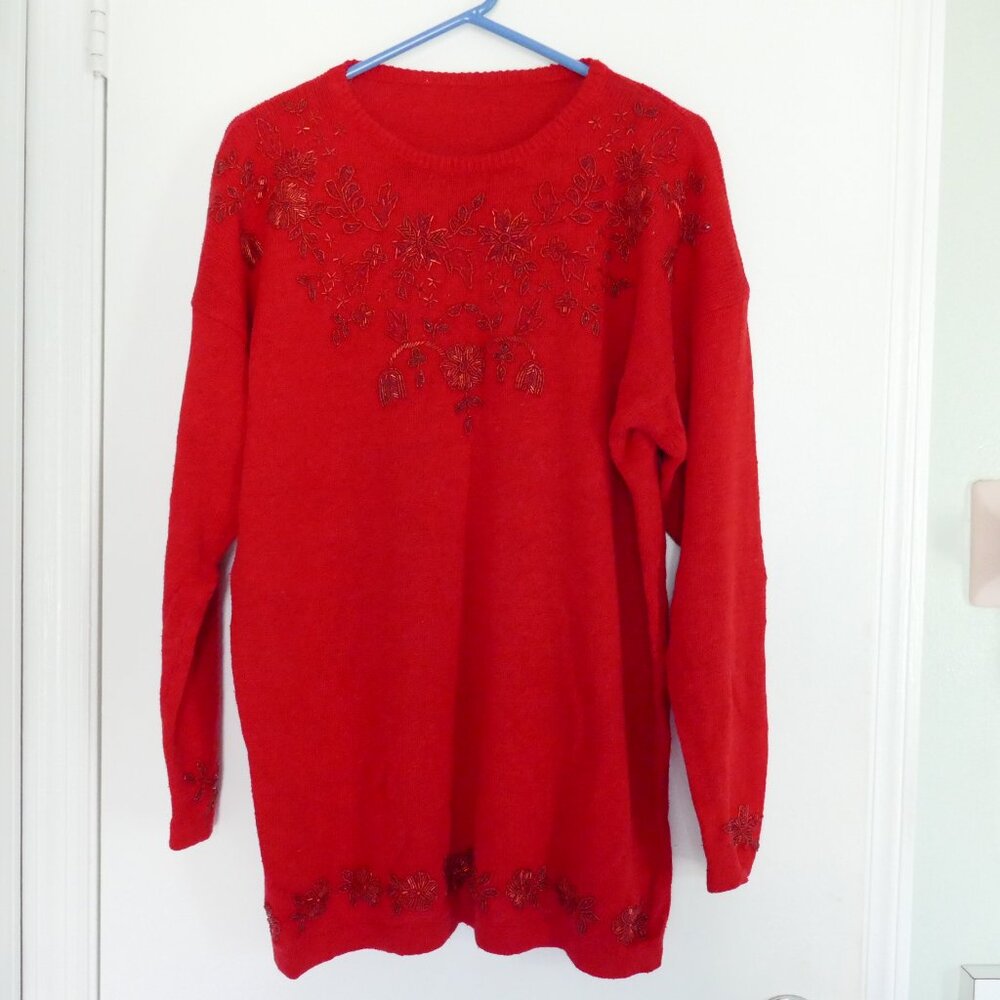 vintage 80s 90s beautiful red beaded flowers oversized sweater size L